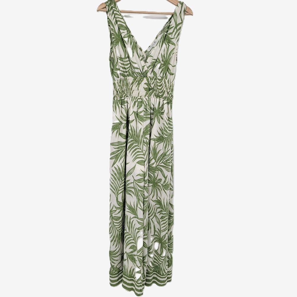 Staccato Women S Green/White Tropical Wide Strap Wide Leg Lined Pull-On Jumpsuit